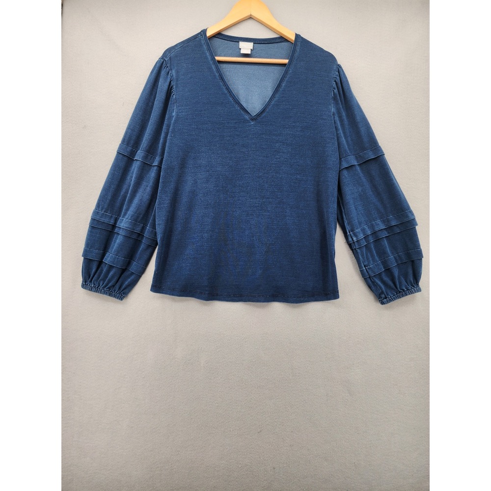 Chico's Denim Look V-Neck Top Tiered Puff Sleeve Indigo Blue Knit XL Size 3